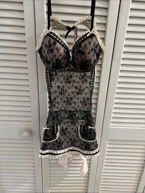 Victoria's Secret Black Lace Chemise with Cream Trim